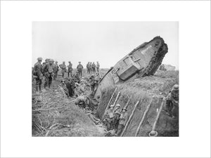 A Mark IV (Male) tank of 'H' Battalion, 'Hyacinth', ditched in a German trench while supporting 1st Battalion, Leicestershire Regiment near Ribecourt during the Battle of Cambrai, 20 November 1917.