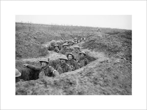 Men of the 11th Battalion, Royal Inniskilling Fusiliers in a captured German communications trench near Havrincourt during the Battle of Cambrai, November 1917.
