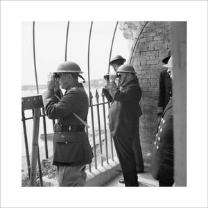 Winston Churchill viewing activity in the Channel from an observation post at Dover Castle during his tour of defences, 28 August 1940.
