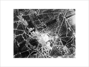 Aerial photograph showing front line trenches and mine craters near Loos in 1917.