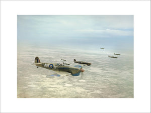 Supermarine Spitfire Mk Vbs of No. 417 Squadron, Royal Canadian Air Force, flying in loose formation over the Tunisian desert on a bomber escort operation, April 1943.