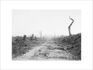 The road to Guillemont viewed from Waterlot Farm, 1916. In the words of the official history it was 'straight, desolate, and swept by fire.'