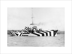 The Gunboat HMS KILDANGAN in dazzle camouflage, 1918.