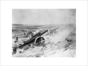 Three 8-inch howitzers of 39th Siege Battery, Royal Garrison Artillery (RGA), firing from the Fricourt-Mametz Valley during the Battle of the Somme, August 1916.