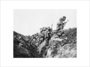 Troops supposedly "going over the top" at the start of the Battle of the Somme in 1916. In reality the photo was taken during a training exercise.