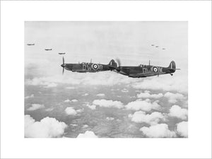 Supermarine Spitfire Mark Is of No. 610 Squadron based at Biggin Hill, flying in 'vic' formation, 24 July 1940.
