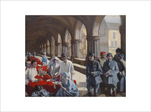 The Scottish Women's Hospital : In The Cloister of the Abbaye at Royaumont. Dr. Frances Ivens inspecting a French patient.