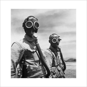 Two Chinese soldiers wearing gas masks at Pihu Military Training Centre in south eastern China.