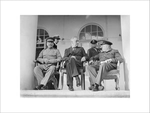 Joseph Stalin, Franklin D Roosevelt and Winston Churchill on the veranda of the Soviet Legation in Teheran, during the first 'Big Three' Conference, November 1943.