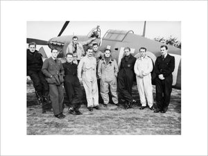 Squadron Leader Douglas Bader with pilots of No. 242 Squadron in front of his Hawker Hurricane at Duxford, September 1940.