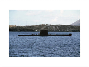 The Oberon class submarine HMS ONYX off Ascension Island, 12 May 1982.
