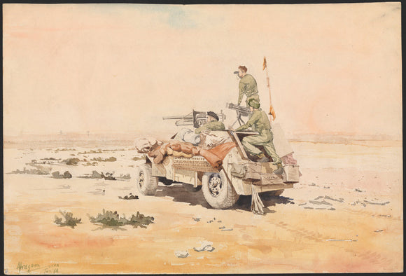 Men of the 5th South African Reconnaissance Regiment; Firing their captured 37 mm Breda gun at enemy vehicles which are throwing a mirage reflection
