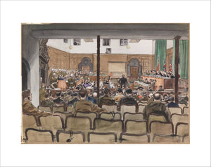 Nuremberg, the Trial : A general view of the crowded court when the Nazi conspirators faced the International Military Tribunal. The Rt Hon Sir David Maxwell Fyfe, KC is seen conducting the prosecution.