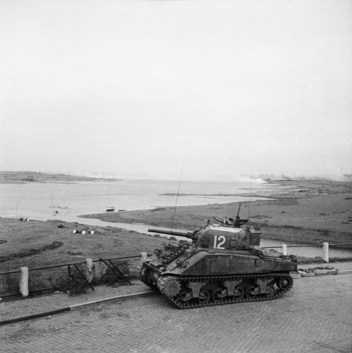 A Sherman command tank of 13th/18th Hussars, 8th Armoured Brigade, near the River Waal at Nijmegen, 15 October 1944.