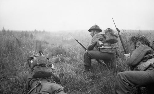 Men of 12 Platoon, 'B' Company, 6th Royal Scots Fusiliers prepare to advance at the start of Operation 'Epsom', Normandy, 26 June 1944.