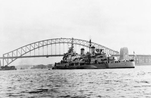 HMS BELFAST at anchor in Sydney harbour, August 1945.