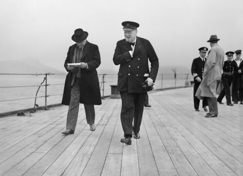 Winston Churchill and Lord Beaverbrook on HMS PRINCE OF WALES during the Atlantic Conference with President Roosevelt, August 1941.