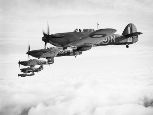 Hawker Sea Hurricanes of the Fleet Air Arm, based at RNAS Yeovilton, flying in formation, 9 December 1941.