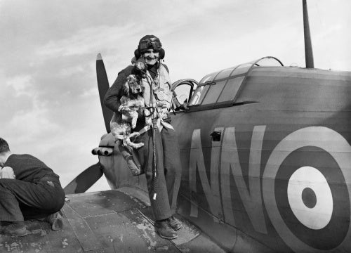 Sergeant Bohumil Furst of No. 310 (Czechoslovak) Squadron is greeted by the squadron mascot on returning to Duxford after a sortie in his Hawker Hurricane Mk I, 7 September 1940.