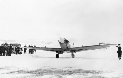 Supermarine Spitfire of No. 603 Squadron taxiing out at Dyce in Scotland for another routine convoy patrol, 4 February 1942.