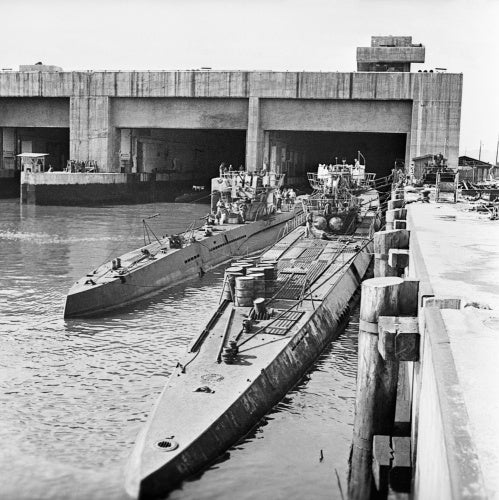 Captured German U-boats outside their pen at Trondheim in Norway, 19 May 1945.