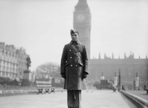 RAF student pilot Jellicoe Scoon, a West Indian from Trinidad, in Parliament Square in London, 26 March 1942.