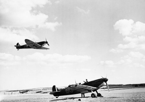 Supermarine Spitfire Mk Is of No. 19 Squadron RAF at Fowlmere near Duxford, 1940.