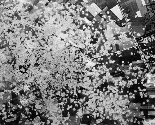 A reconnaissance photograph of the heavily-bombed German V-1 flying-bomb assembly and launch complex at Siracourt in France, prior to the final attack on the site by 17 Avro Lancasters of No. 617 Squadron on the afternoon of 25 June 1944.