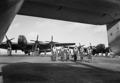 Aircrew and Handley Page Halifax Mk III bombers of No. 502 Squadron operating with RAF Coastal Command at Stornoway, in the Outer Hebrides, February 1945.