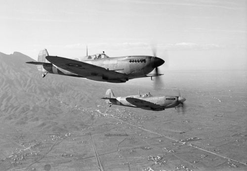 Supermarine Spitfire Mk IXs of No. 241 Squadron RAF return to their base at Madna, south-east of Campomarino, Italy, after a weather reconnaissance sortie over the Anzio beachhead, 29 January 1944.