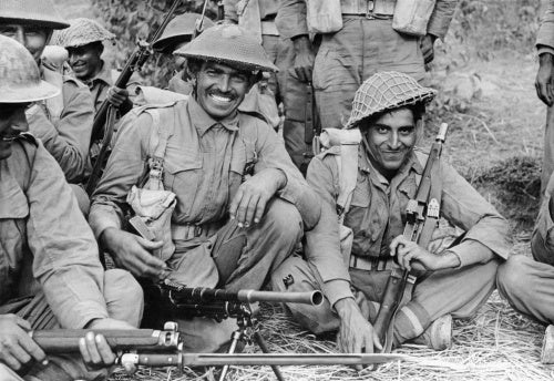 An Indian infantry section of the 2nd Battalion, 7th Rajput Regiment about to go on patrol on the Arakan front in Burma, 1944.