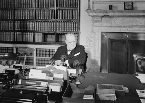 Winston Churchill makes his VE Day broadcast to the British people from the Cabinet Office in Whitehall, 8 May 1945.