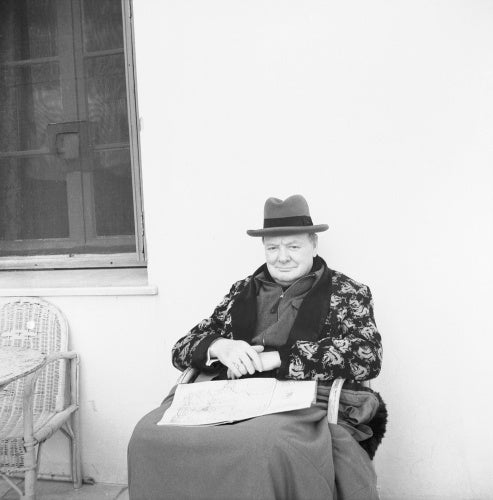 Winston Churchill sits in the sunshine at Marrakesh, Morocco, during a period of convalescence after falling ill with pneumonia, December 1943.