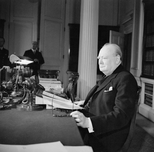 Winston Churchill makes his VE Day radio broadcast from 10 Downing Street, 8 May 1945.