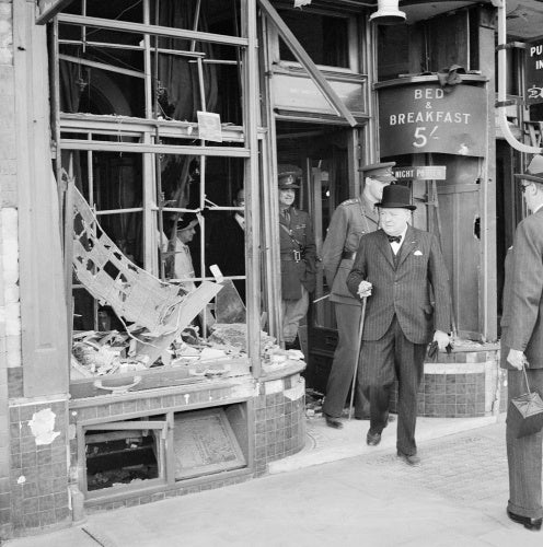 Winston Churchill inspects air raid damage at Ramsgate in Kent, 28 August 1940.