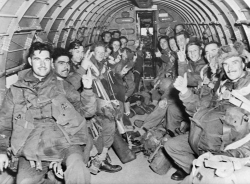 British paratroops inside a Dakota transport aircraft on their way to Holland during 1st Airborne Division's operation to Arnhem, 17 September 1944.