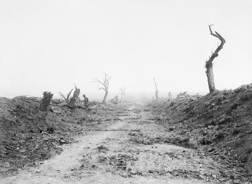The road to Guillemont viewed from Waterlot Farm, 1916. In the words of the official history it was 'straight, desolate, and swept by fire.'