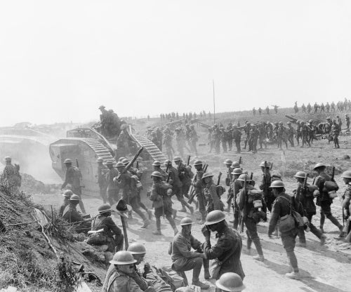Battle traffic at Grevillers 25 August 1918. Mark V Tanks and infantry going forward following the Capture of Grevillers by  the New Zealand Division.