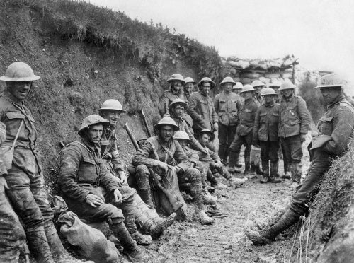 Men of Royal Irish Rifles resting in a communication during the opening hours of the Battle of the Somme, 1 July 1916.