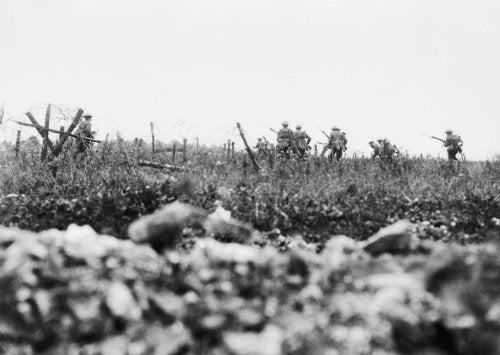 Men of the Wiltshire Regiment advancing to the attack through the wire, Thiepval, Somme, 7 August 1916.