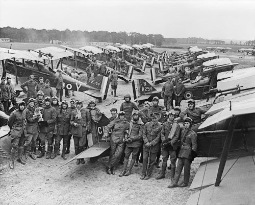Officers and S.E.5a Scouts of No. 1 Squadron, RAF at Clairmarais aerodrome near Ypres.