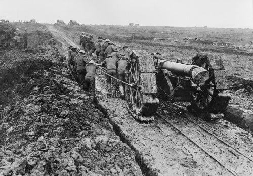 A 6-inch howitzer being manhauled through the mud near Pozieres during the Battle of the Somme in September 1916.