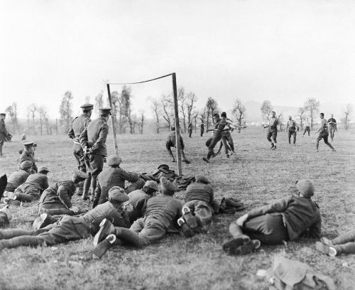 Officers verses other ranks football match played by members of the 26th Divisional Ammunition Train near the city of Salonika, Christmas Day 1915.