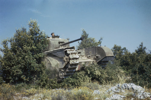 A Churchill tank of 51st Royal Tank Regiment crashes through a hedge during the advance across the Italian countryside, 20 July 1944.