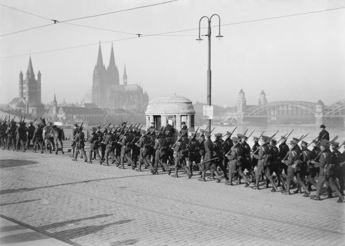 The 1st Battalion Grenadier Guards crossing the Rhine after a route march, Cologne, 8th January 1919.