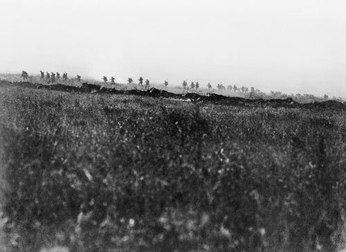 Battle of the Somme. A support company of an assault battalion, of the Tyneside Irish Brigade, going forward shortly after zero hour on 1 July 1916 during the attack on La Boisselle.