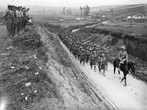2nd Battalion Gordon Highlanders marching to the trenches along Becordel-Fricourt Road, Somme, October 1916.