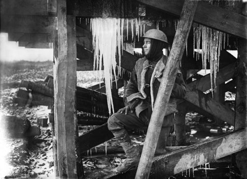 Icicles hanging from the roof of a dug-out Bernafay Wood, Somme, November 1916.