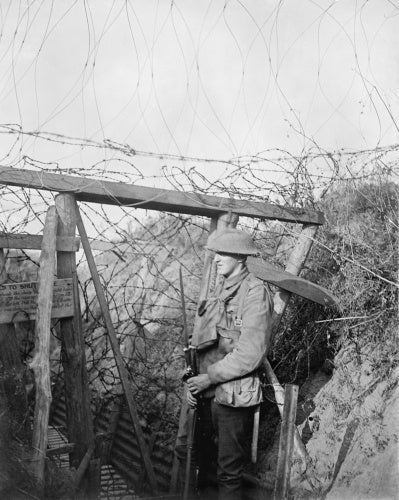 A barbed wire gate in a trench system to form a block against raiders at Cambrin, 16 September 1917.