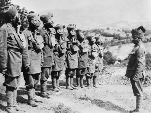 Indian troops on the Salonika Front at a gas mask drill.